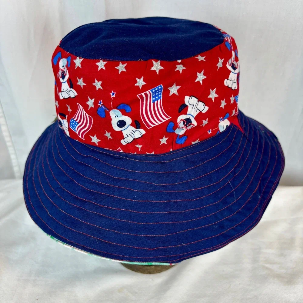 Kids Reversible‎ Bucket Hat Patriotic Americana Surfing Dogs Sun Hat 19 Inch